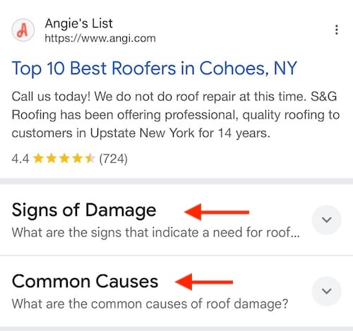 Screenshot of the search result for "roof repair"