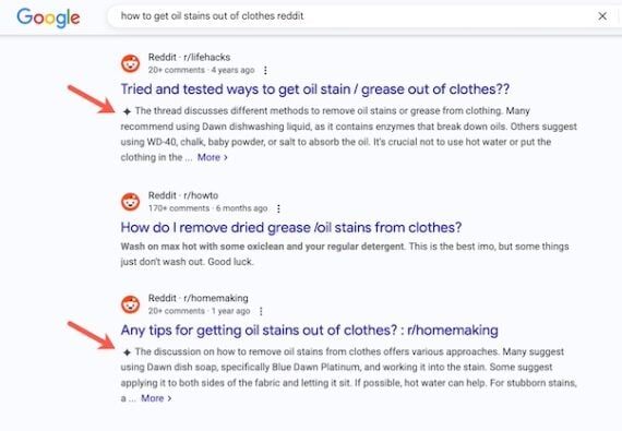 Screenshot of AI snippets for "how to get oil stains out of clothes"