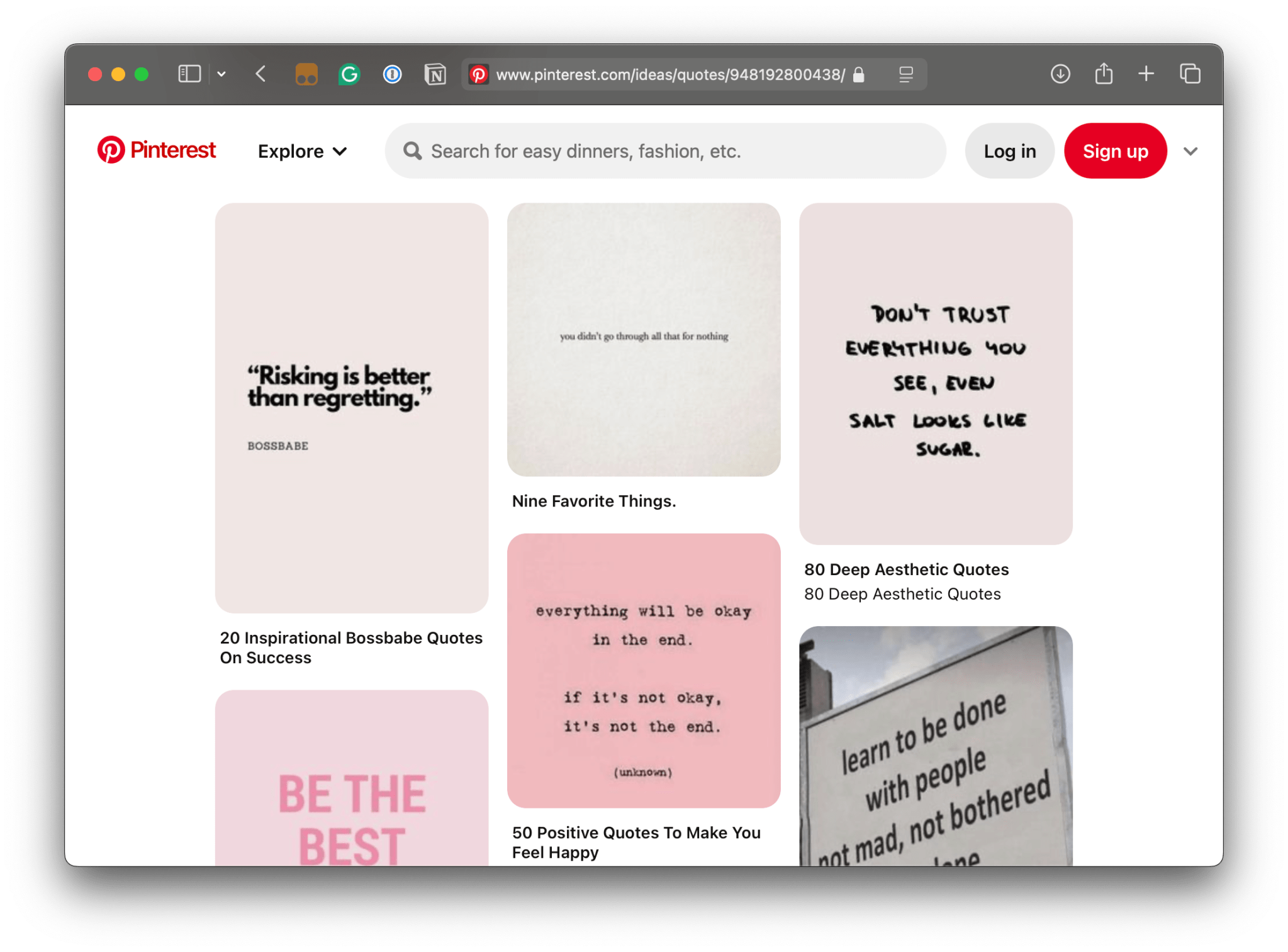 Screenshot of a Pinterest collection of inspiring quotes, displaying the thumbnail of echoes quote in a masonry-style layout divided in three vertical columns.