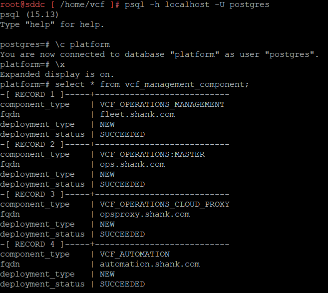 SDDC Manager postgres database for vcf_management_component
