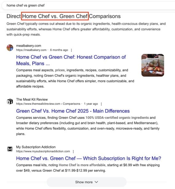 Google search results page for “home chef vs green chef,” summarizing comparison content. Featured results from meal websites and review sites discuss differences in meal plans, pricing, ingredients, and dietary options between Home Chef and Green Chef. A food photo is shown next to one of the listings.