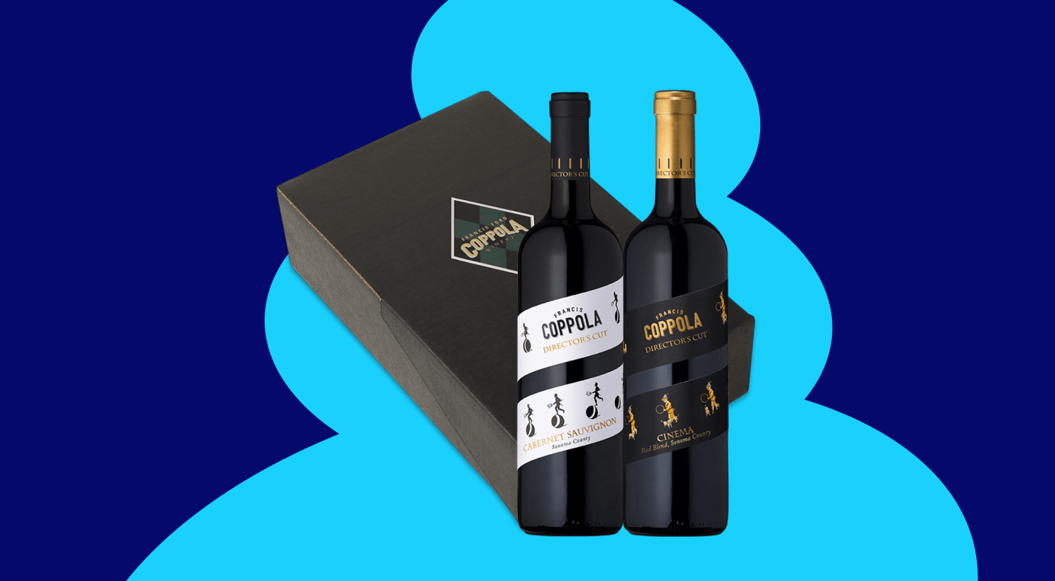 a photo of two dark bottles of wine standing in front of a black box, on a light and dark blue background