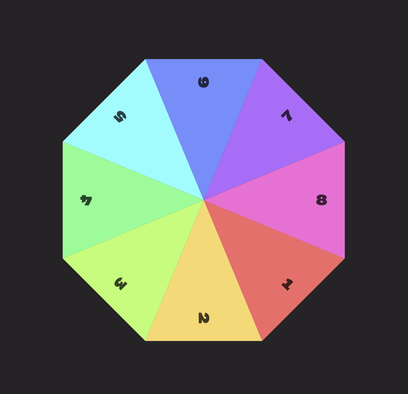 An octagon shape made out of eight converging triangles in various colors. Each triangle is labeled 1 through 8.