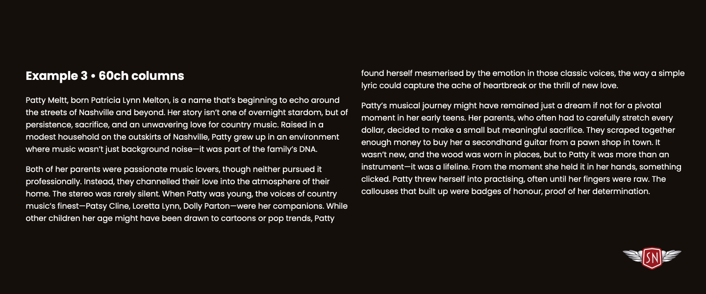 A heading and three paragraphs of text in white against a background and split into two equal-sized columns.