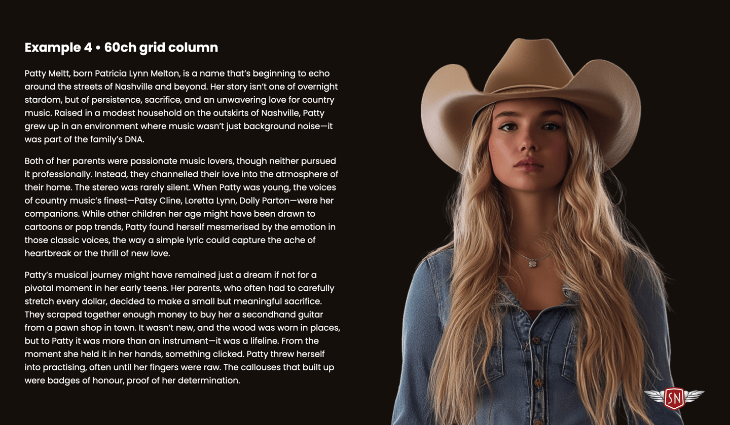 A heading and three paragraphs of text in white against a black background on the left next to an image of a woman in a cowgirl hat and denim shirt staring directly ahead.