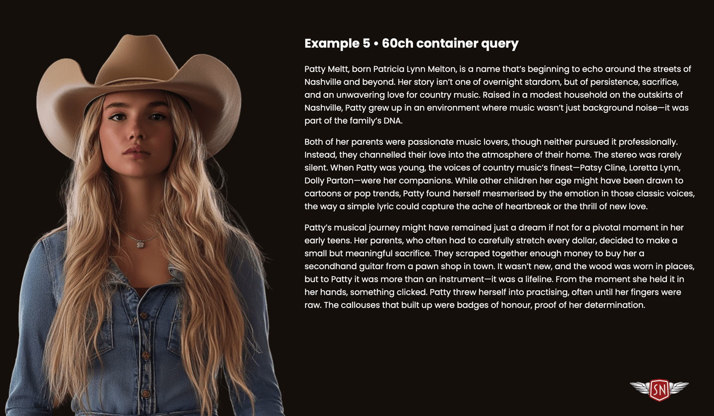 A heading and three paragraphs of text in white against a black background on the right. An image of a woman in cowgirl hat and denim shirt is staring straight ahead on the left.