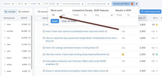 Screenshot of Semrush's Advance filters.