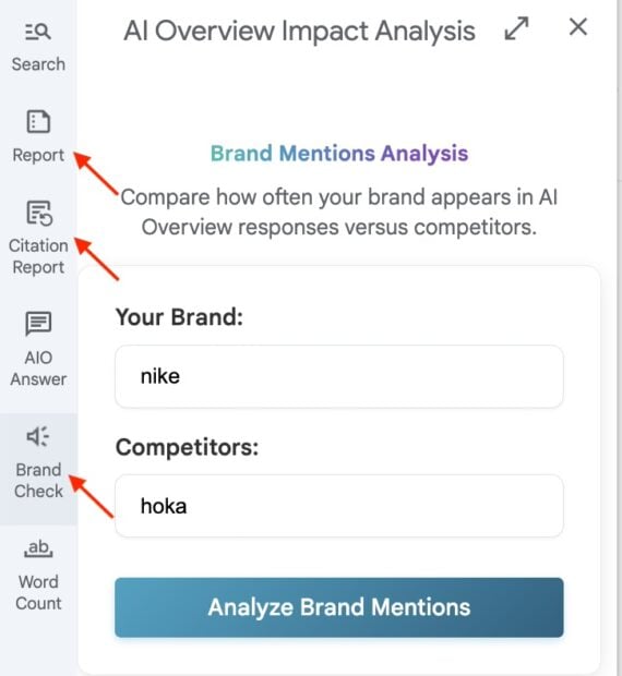 Dashboard sidebar and AI Overview Impact Analysis panel. The left sidebar displays menu items including Search, Report, Citation Report, AIO Answer, Brand Check, and Word Count. The main panel shows a Brand Mentions Analysis tool with fields for ‘Your Brand’ filled in as ‘nike’ and ‘Competitors’ filled in as ‘hoka.’ A blue button labeled ‘Analyze Brand Mentions’ appears below the inputs. A Brand Mentions Summary table lists total mentions and keyword coverage for the user’s brand versus competitors.