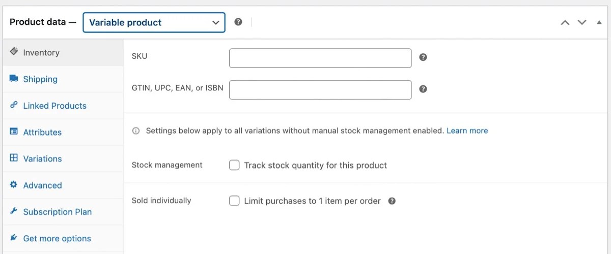 variable product data and settings