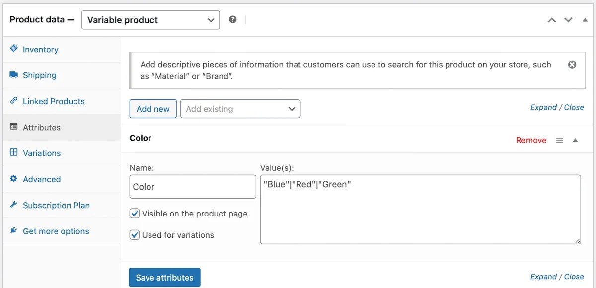 variable product settings listing attributes