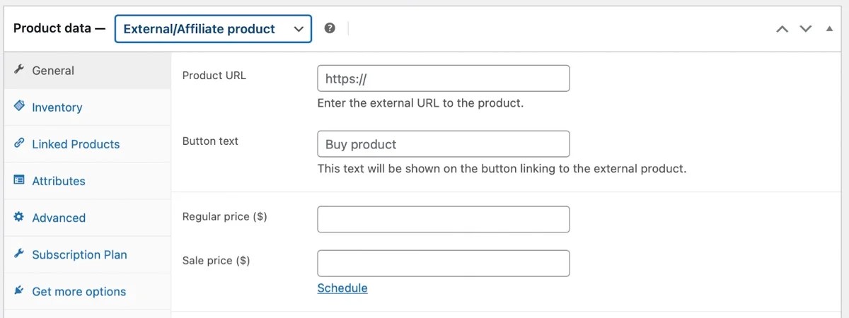 external/affiliate product settings