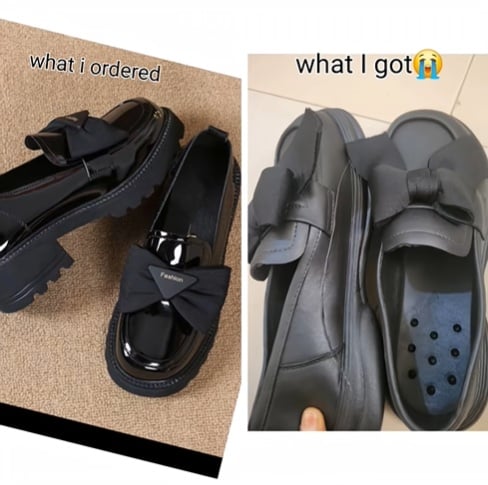 Two photos of shoes, purporting to show the difference in the online image versus what actually arrived.