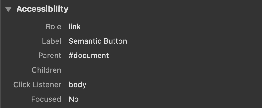 DevTools Accessibility panel showing the accessible role of link with a label of Semantic Button.