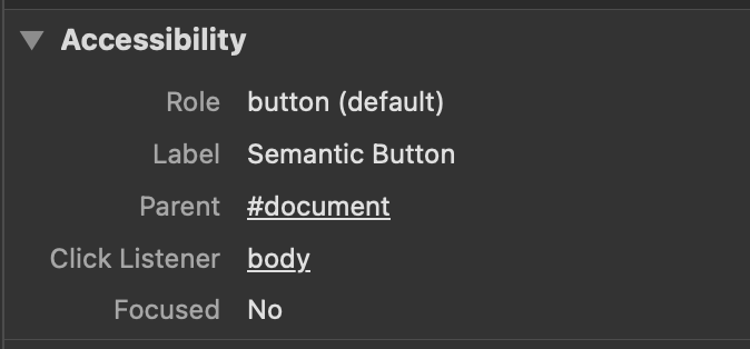 DevTools Accessibility panel showing the accessible role of button with a label of Semantic Button.