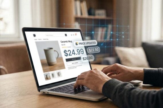 Person using a laptop to view an online product page for a ceramic mug, with floating price tags showing dynamic price changes, illustrating automated or AI-driven ecommerce pricing.