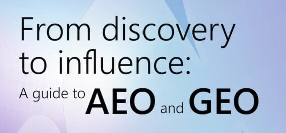Partial screenshot of the cover of Microsoft's guide, reading "From discovery to influence: A guide to AEO and GEO." 