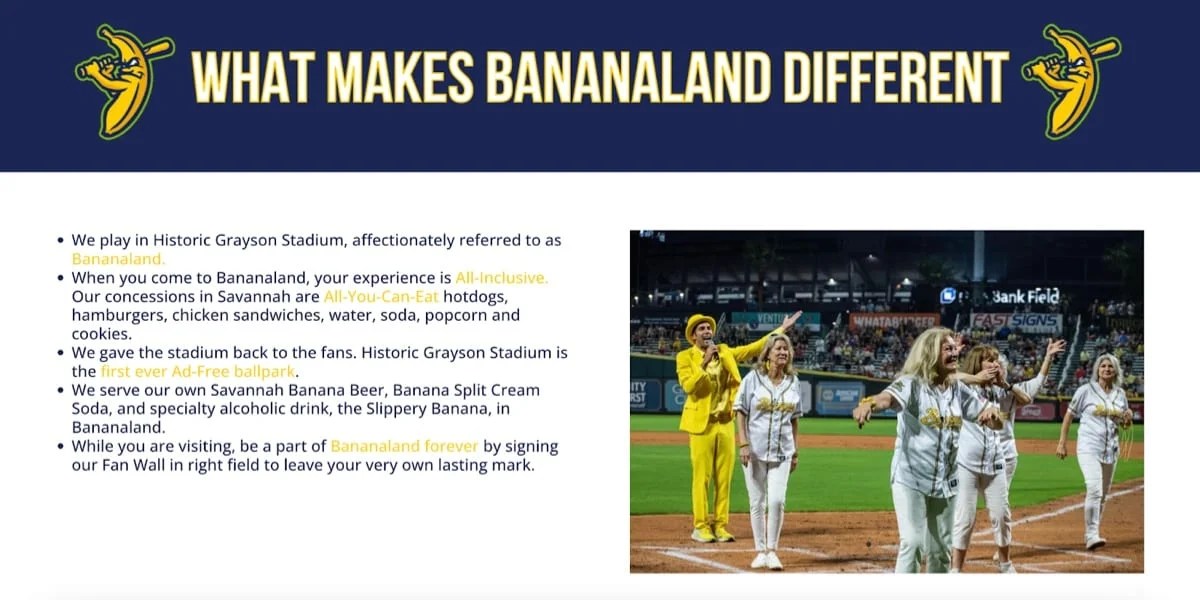 Savannah Banana website page about what makes Bananaland different