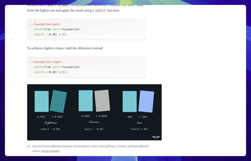 A diagram showing CSS color calculations with code examples above and visual comparisons of lightness, chroma, and hue adjustments below.