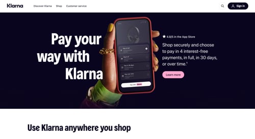 Home page of Klarna
