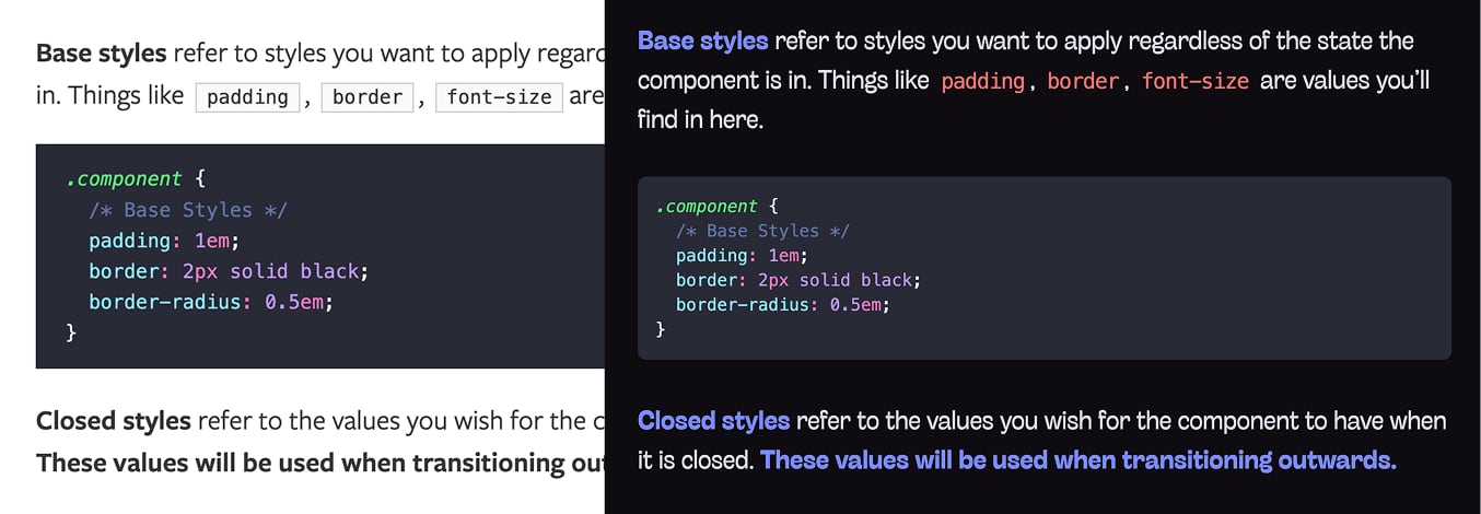 Two overlapping screenshots of a webpage with syntax highlighted code snippets. The left is the old theme and the right is the new theme, which is more colorful.