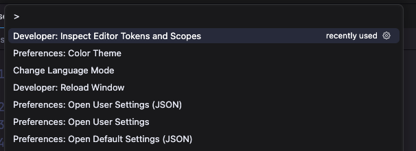 VS Code control panel open and highlighting a command called Developer: Inspect Editor Tokens and Scopes.