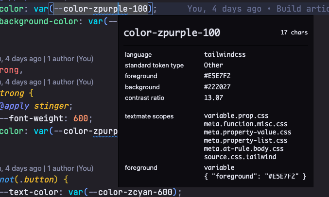 An inspector popover in VS Code showing information for the color-purple-100 variable.
