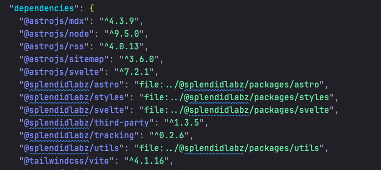 Showing JSON configuration for a dependencies object with a list of packages used in the project to illustrate the use of syntax highlighting colors.