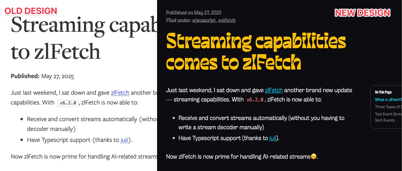 Two overlapping screenshots of the website. The left one is the old design and the right is the new design.