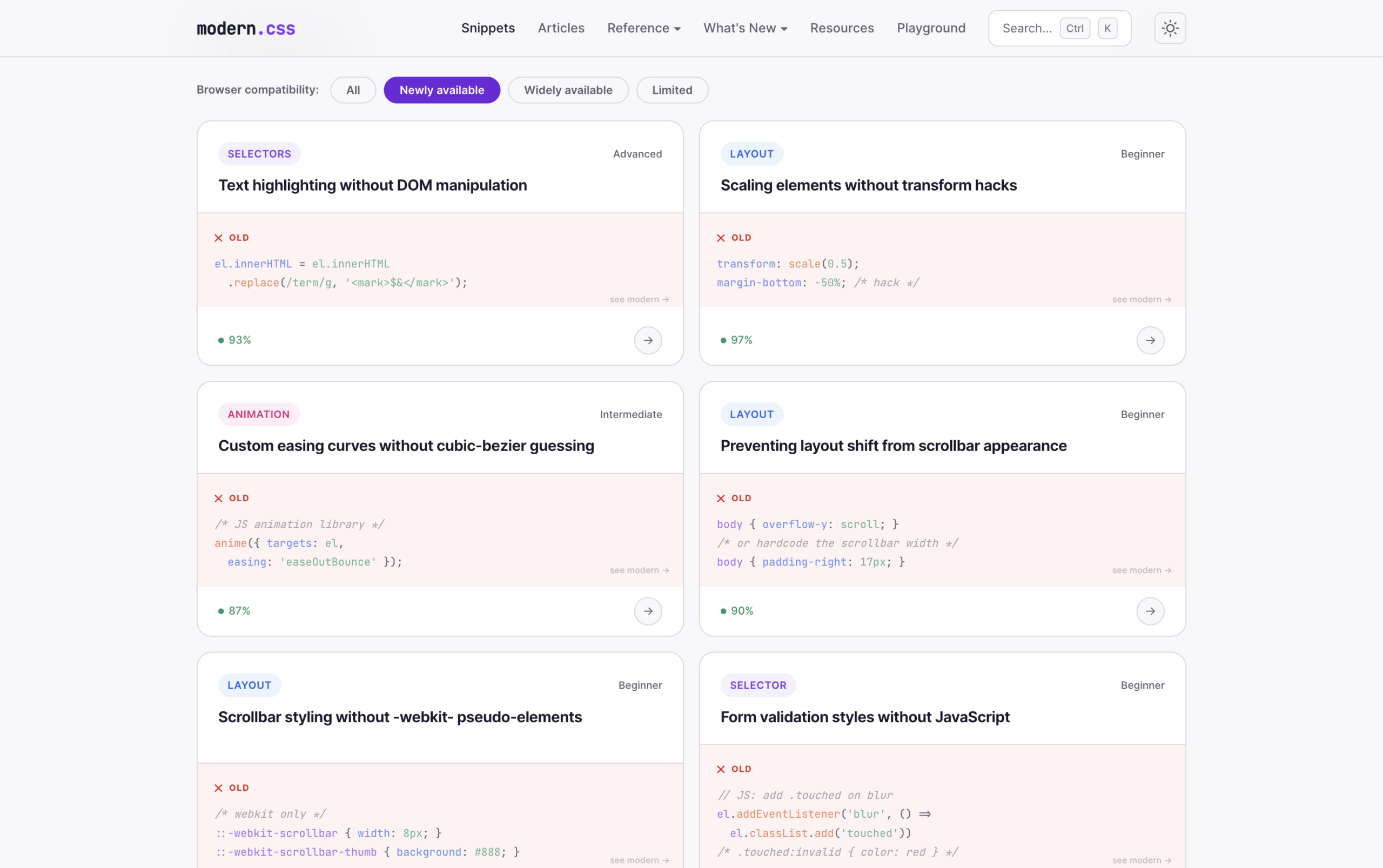Screenshot of a website titled modern.css showing browser compatibility filters and six code snippets, labeled with their category (e.g., SELECTORS or LAYOUT), difficulty level, topic, an example of outdated code to avoid, a browser support percentage, and a link to view the modern solution.