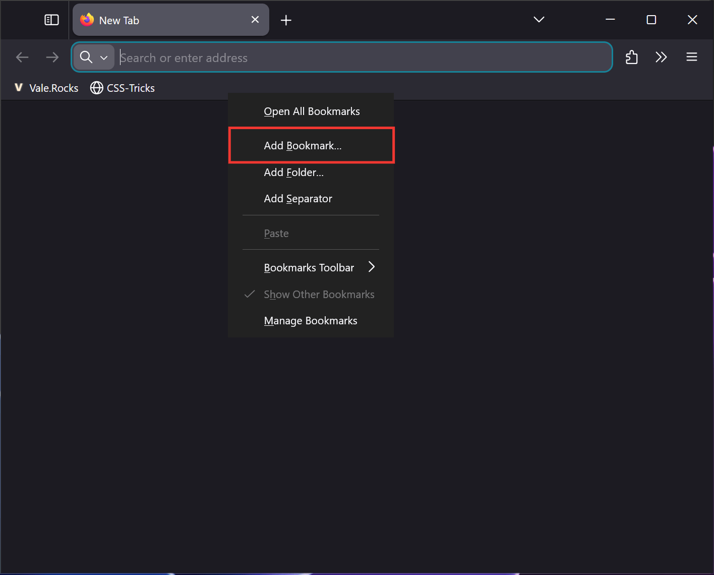 Firefox window showing the Add Bookmark option.