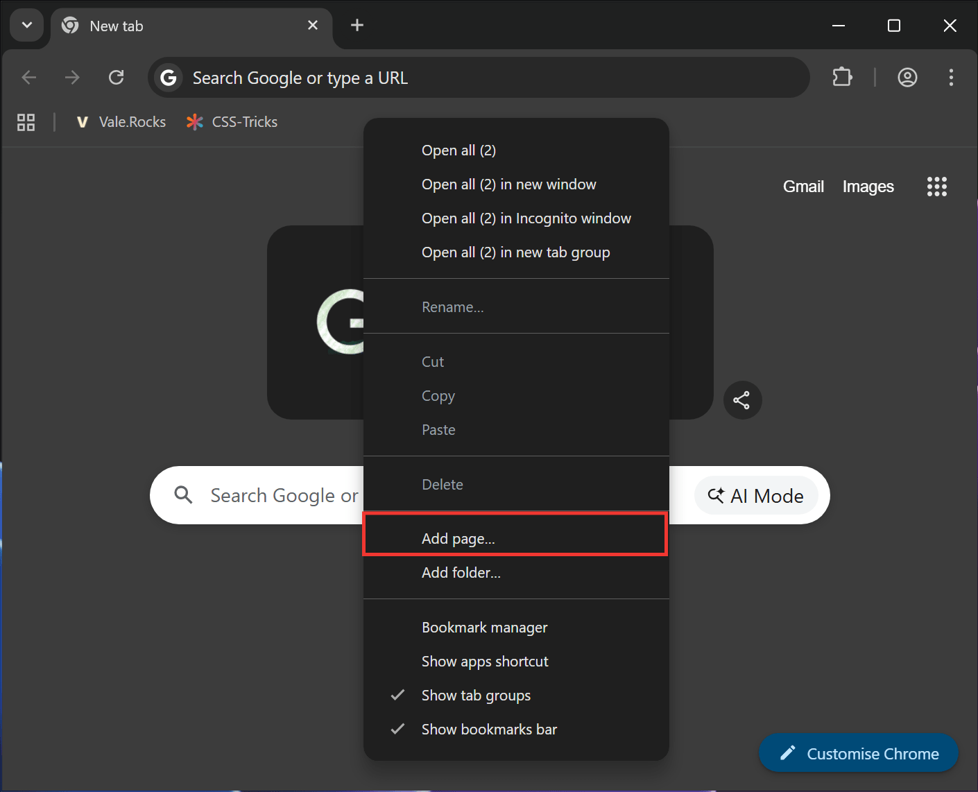 Chrome window showing the Add page option.