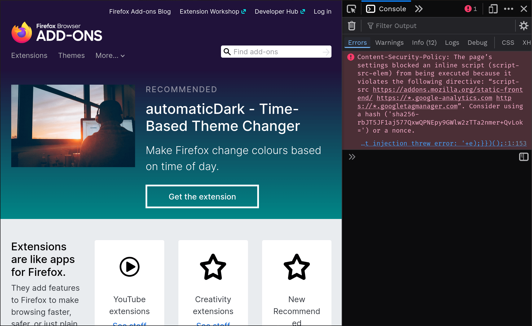 Firefox blocking a bookmarklet from running due to inline scripts being disallowed.