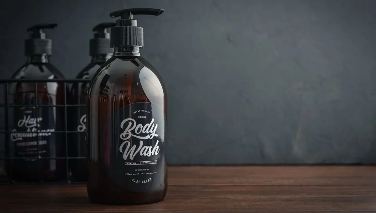 bottles of bodywash on a counter