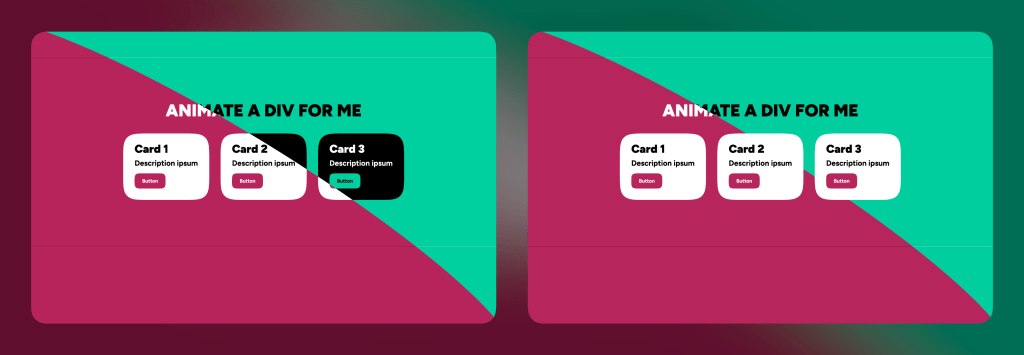 Side-by-side comparison showing blend mode applied on the left and excluded from cards placed in the layout on the right, preventing the card backgrounds from changing.