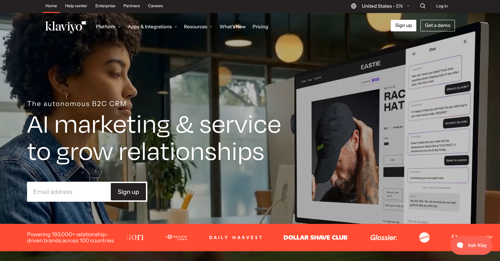 Home page of Klaviyo