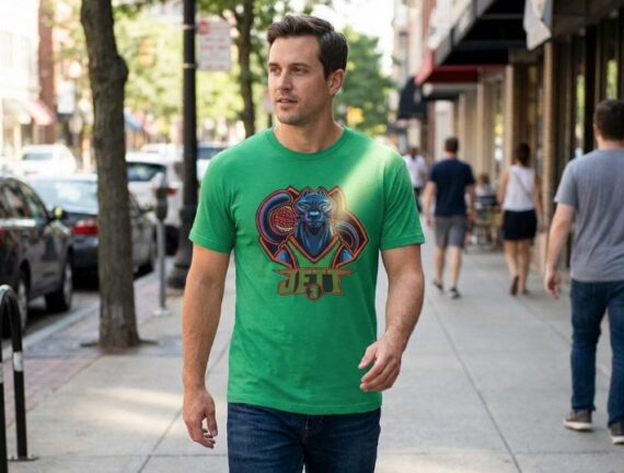 Image of a male walking on a downtown-like sidewalk wearing the GOAT t-shirt 