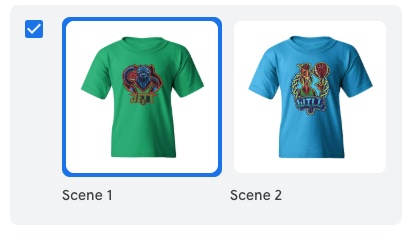 Screenshot of the Asset Studio interface showing a scene 1 t-shirt and a scene 2 t-shirt.