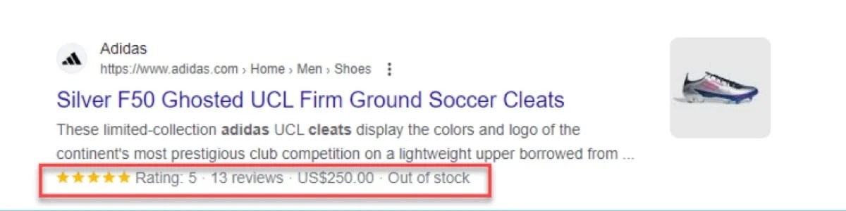 Adidas schema with ratings, reviews, price, and inventory information