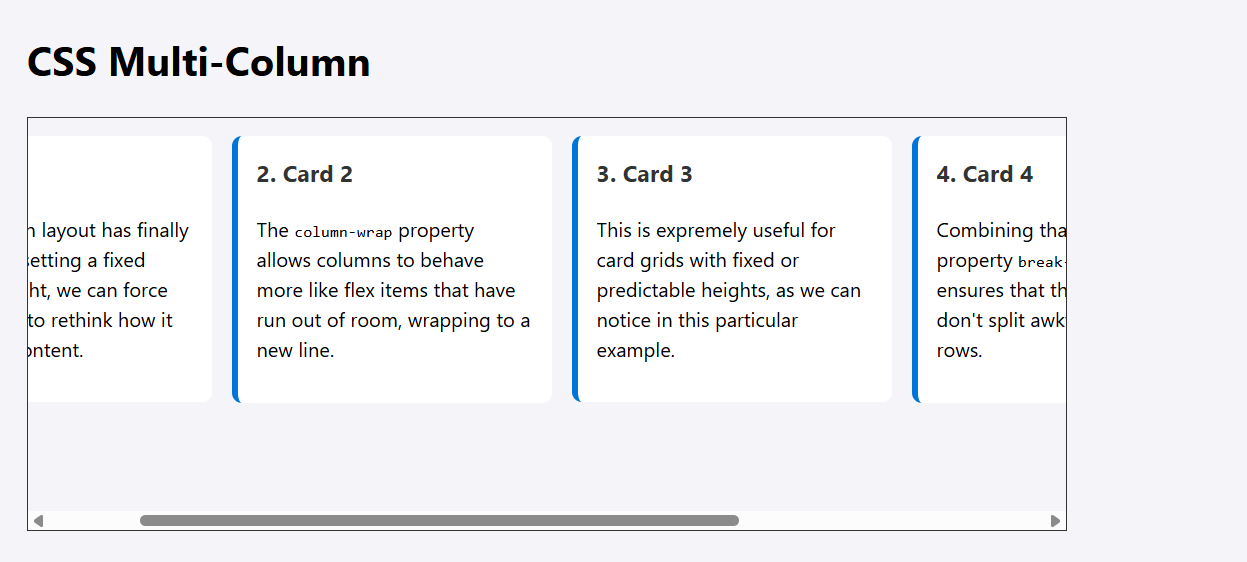 Multi-column layout example of four cards components in a row with horizontal scrolling.