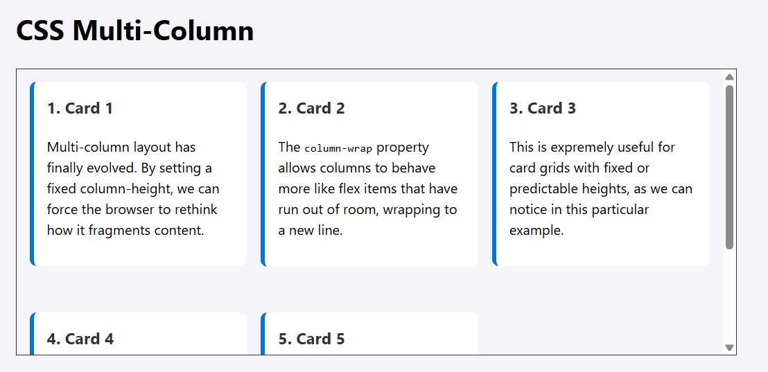 Multi-column layout example of five cards components in a row that wraps to a second row.