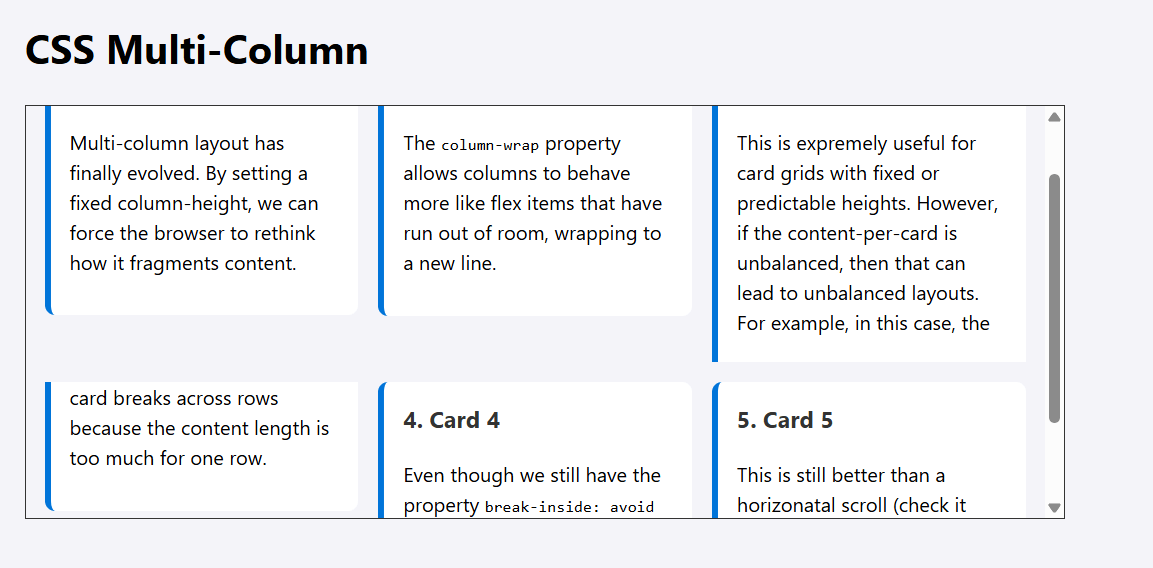 A broken multi-column layout of card components. Some cards are split into multiple cards because the content is unbalanced.