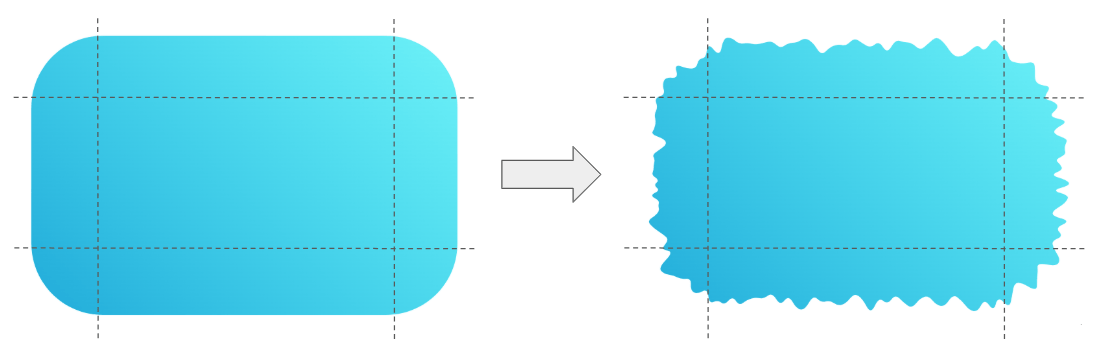 A blue rounded rectangle next to another version of itself with a large number of jagged edges all around it.