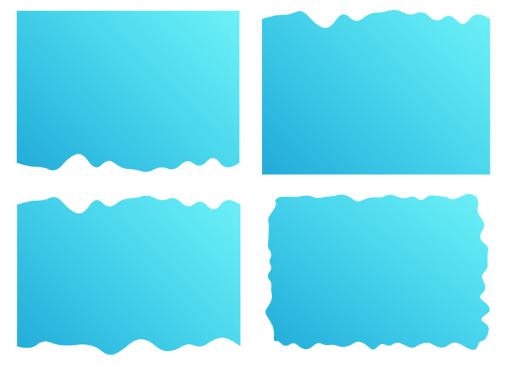 A two-by-two grid of the same blue rectangle with different configurations of wavy edges. The first on the bottom, the second on the top, the third on the top and bottom, and the fourth all along the shape.