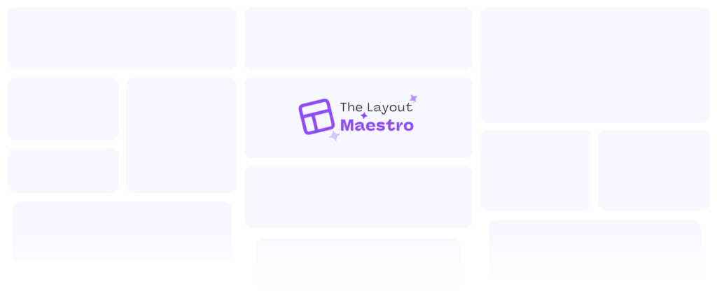 A bento grid layout featuring multiple rounded rectangular panels in a very light lavender hue. The central panel displays a logo consisting of a purple stylized window icon and the text The Layout Maestro in black and purple sans-serif font, accented by small purple sparkles. The surrounding empty panels vary in size and aspect ratio, creating a clean and modern asymmetrical composition against a white background.