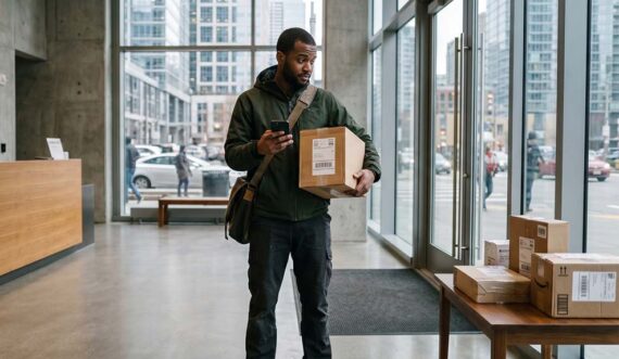 Photo of a gig driver in a downtown high-rise lobby holding a package