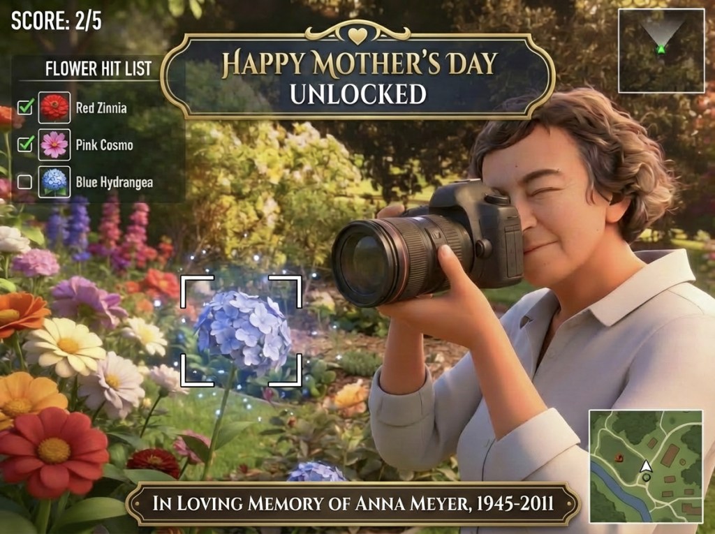 Preview of the interactive card. A woman with short brown hair at the right of the frame looking left into the lens of a large camera and standing in the middle of a lush flower garden. In loving memory of Anna Meyer, 1945-2011.