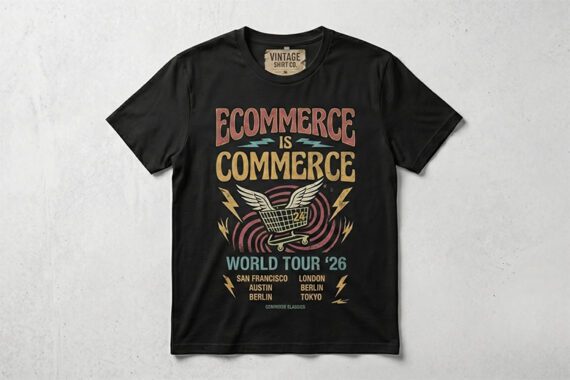 T-shirt with "Ecommerce Is Commerce" design.