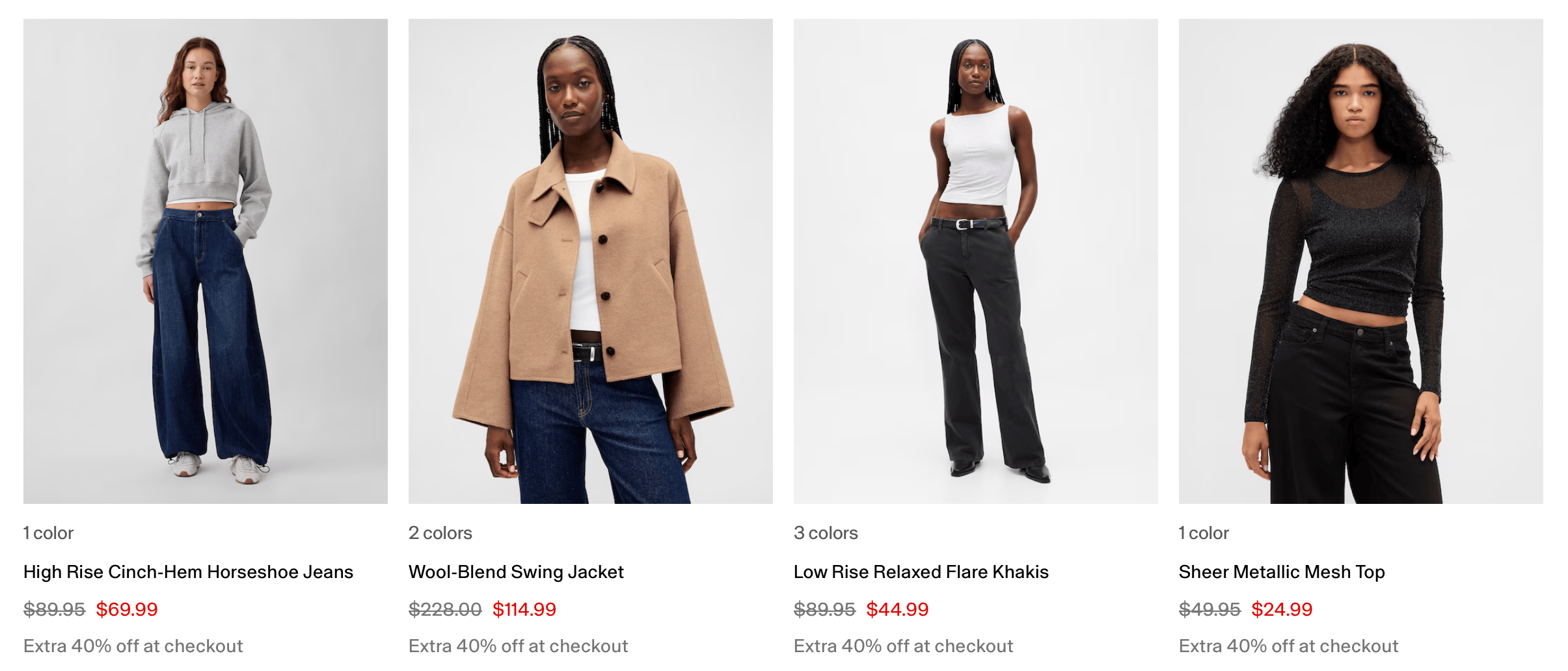 A four column row of product cards showing sale clothing from Gap. Model photos are on top, followed by the product name, price, and sale price.