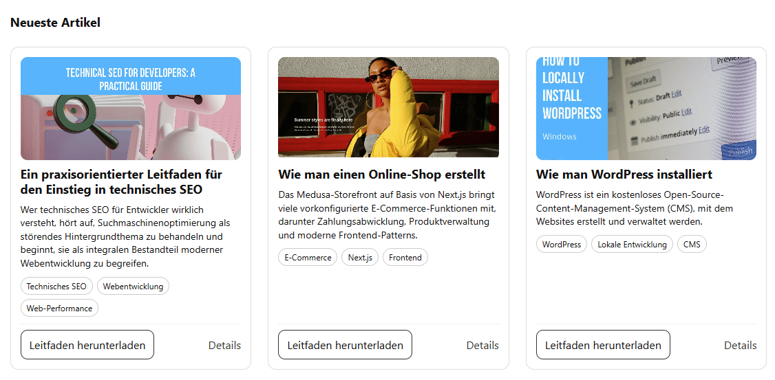 A three-column layout of cards that contain an image, heading, blurb, tags, and button.