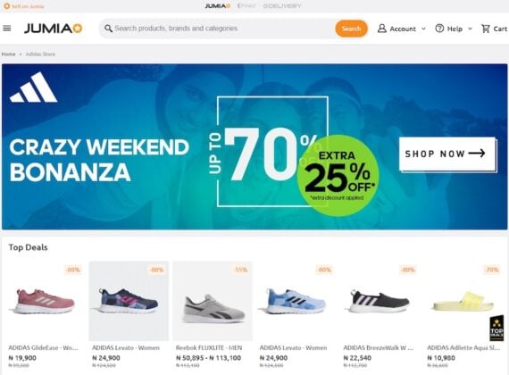 Screenshot of a Jumia web page featuring Adidas products.